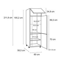 Technische tekening van een hoge kast met afmetingen.