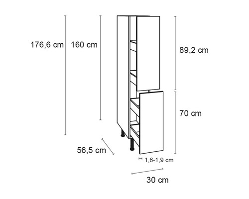 Technische tekening van een keukenkast met afmetingen