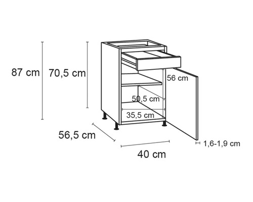 Technische tekening van een keukenkast met lade en deur, afmetingen in centimeters