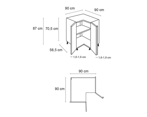 Technische tekening van een hoekonderkast met afmetingen van 90 bij 90 centimeter.