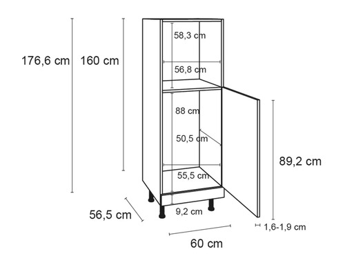 Technische tekening van een keukenkast met afmetingen