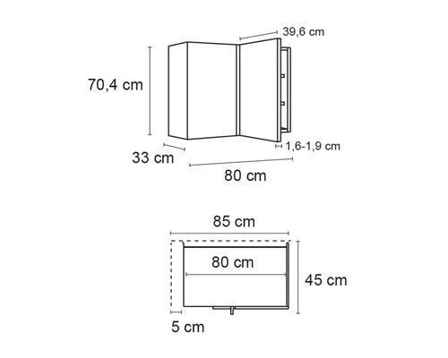 Maattekening van een spiegelkast met de afmetingen 70,4 cm hoogte, 33 cm diepte, 39,6 cm breedte en 80 cm lengte