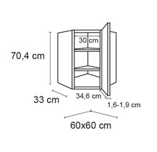 Technische tekening van een hoekkast met afmetingen van 70,4 x 60 x 60 centimeter.
