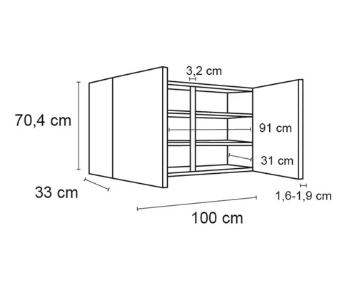 Technische tekening van een wandkast met maatvoering.