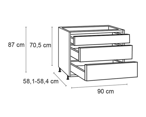 Schets van een keukenkast met drie laden en maataanduidingen.