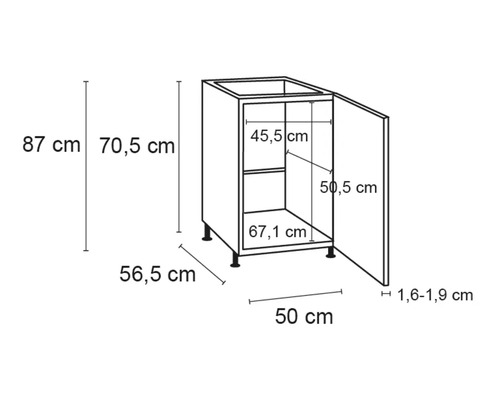 Technische tekening van een onderkast met afmetingen