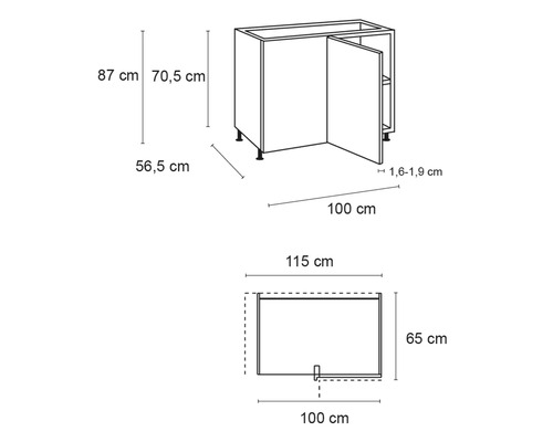 Technische tekening van een hoekonderkast met de afmetingen: hoogte 87 centimeter, diepte 56,5 centimeter, breedte 115 centimeter.