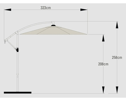 Technische tekening van een parasol met de afmetingen 323 cm breed en 258 cm hoog