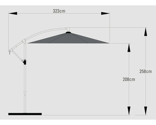 Afmetingen zweefparasol: 323 cm breedte, 258 cm hoogte, 208 cm hoogte tot parasoldak