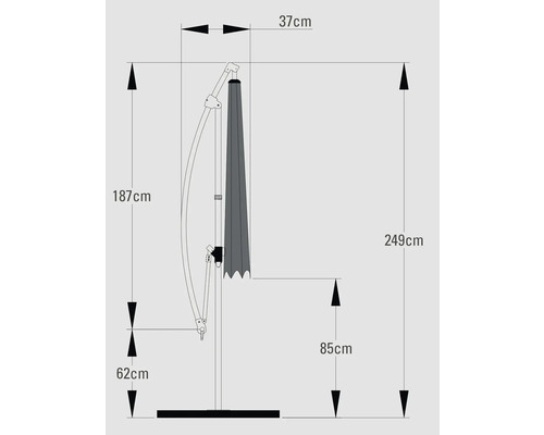 Technische tekening van een parasol met afmetingen