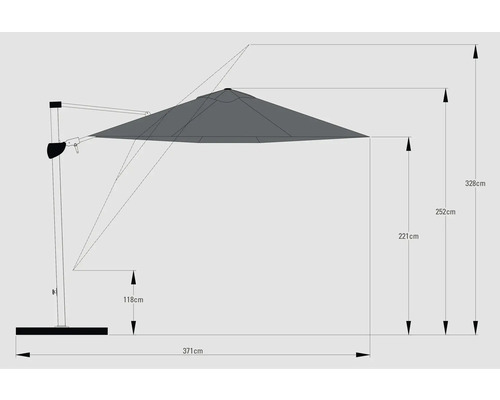 Afmetingen van een zweefparasol met aanduidingen in centimeters