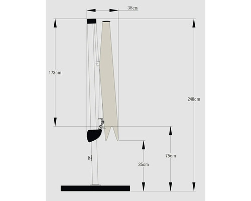 Technische tekening van een parasol met afmetingen