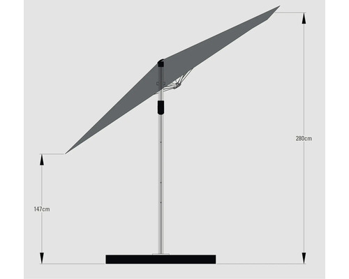Afbeelding van een parasol met zijstok en de afmetingen 147 cm en 280 cm.