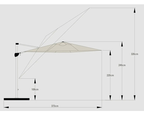 Maatschets van een parasol met zijdelingse mast, afmetingen in centimeters
