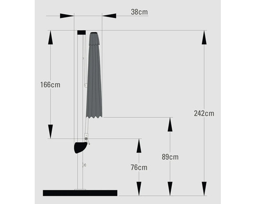 Technische tekening van een parasol met hoogte- en breedtegegevens.