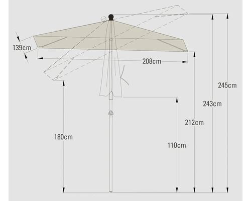 Technische tekening van een parasol met afmetingen