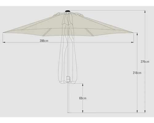 Technische tekening van een parasol met afmetingen.
