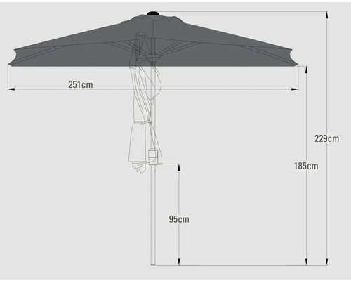 Afmetingen van een parasol: 251 cm breed, 229 cm hoog, 185 cm hoogte tot de parasol, 95 cm hoogte van de stang.