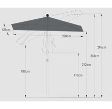 Technische tekening van een parasol met maatvoering