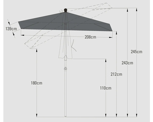 Technische tekening van een parasol met maatvoering