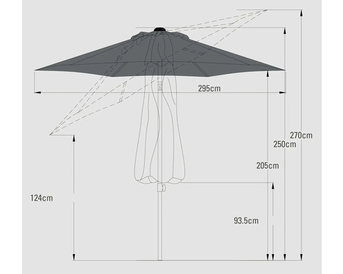 Technische tekening van een parasol met afmetingen