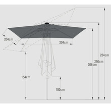 Technische tekening van een parasol met afmetingen