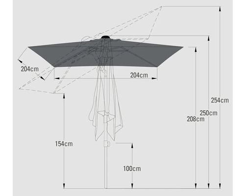 Technische tekening van een parasol met afmetingen