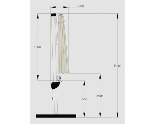 Technische tekening van een parasol met aanduidingen van hoogte en breedte in centimeters.