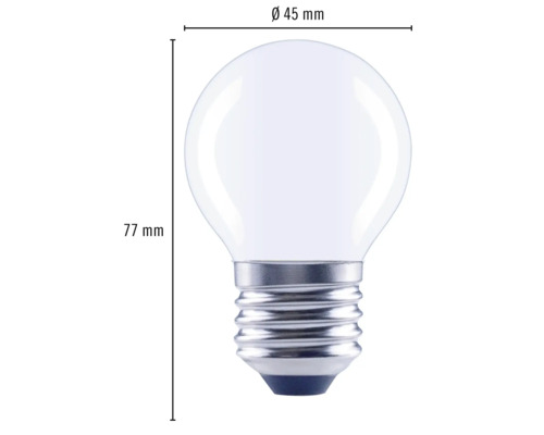 Bolvormige lamp met afmetingen van 45 mm diameter en 77 mm lengte.