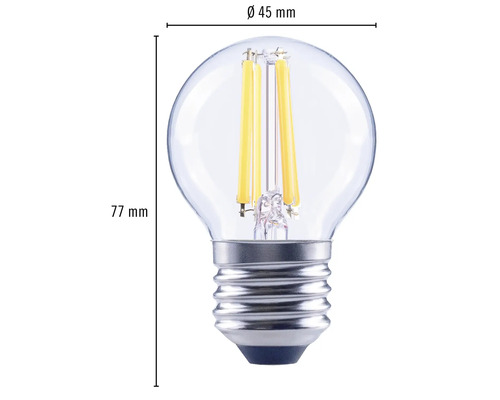 Afbeelding van een filament LED lamp met de afmetingen 45 mm diameter en 77 mm lengte.