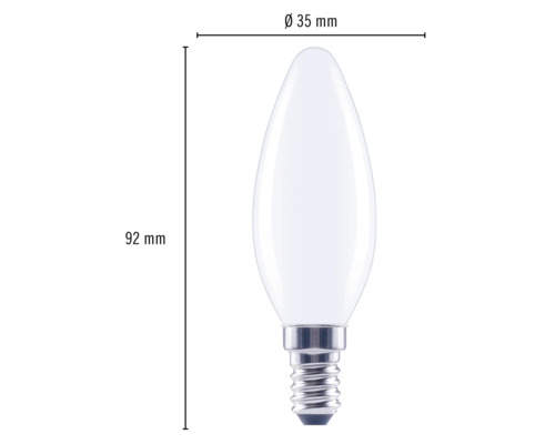 Kaarslamp met E14-fitting en afmetingen van 92 mm x 35 mm