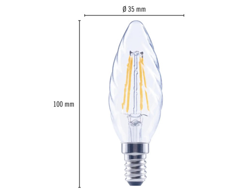Afbeelding van een LED-lamp in kaarsvorm met de afmetingen 100 mm lengte en 35 mm diameter.