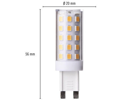 G9 LED lamp met de afmetingen 56 mm bij 20 mm