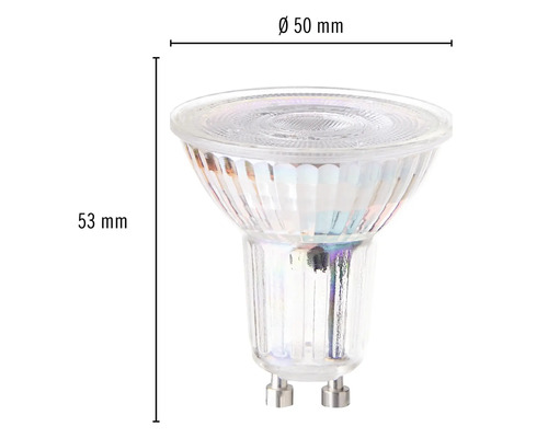GU10 lamp met afmetingen van 50 mm diameter en 53 mm hoogte