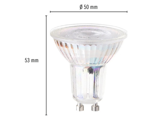 GU10 lamp met afmetingen van 50 millimeter diameter en 53 millimeter hoogte