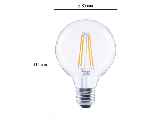 Globelvormige lamp met E27 fitting en afmetingen 115 mm hoog en 80 mm diameter.