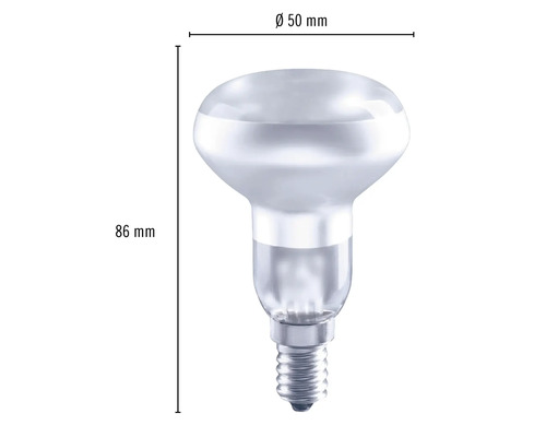 R50 reflectorlamp met afmetingen 86 mm hoogte en 50 mm diameter
