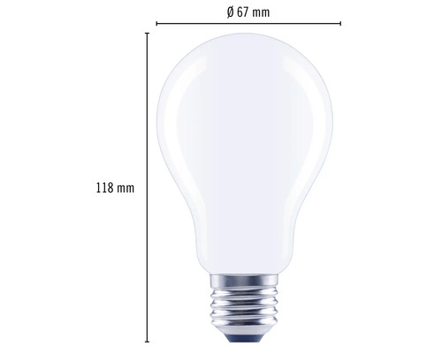 Gloeilamp met afmetingen van 67 millimeter diameter en 118 millimeter hoogte.