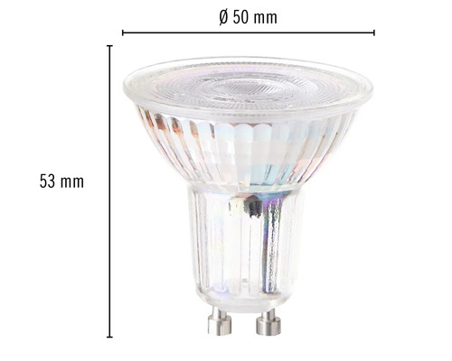 GU10 halogeenlamp met een diameter van 50 mm en een hoogte van 53 mm