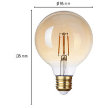 Decoratieve filament lamp met afmetingen van 95 mm diameter en 135 mm hoogte