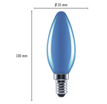 Blauwe lamp in druppelvorm met afmetingen van 35 mm doorsnede en 100 mm lengte