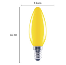 Gele kaarslamp met E14 fitting en de afmetingen 35 mm diameter en 100 mm lengte.