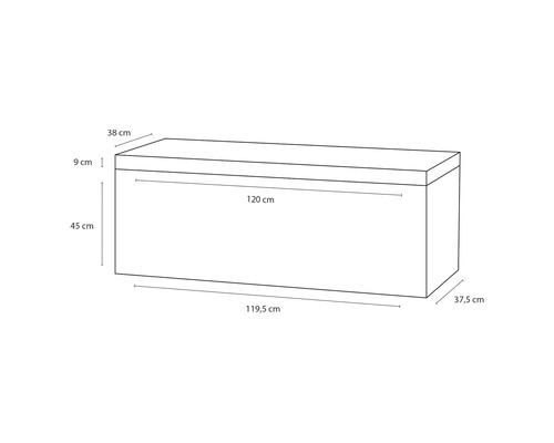 Technische tekening van een kist met afmetingen