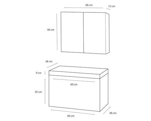 Tekening van een wastafelonderkast met wastafelonderkast en spiegelkast met afmetingen
