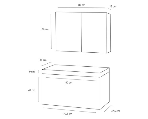Technische tekening van een badkamerkast met de afmetingen 80 cm breed, 66 cm hoog en 13 cm diep, en een wastafelonderkast met de afmetingen 79,5 cm breed, 45 cm hoog en 37,5 cm diep.