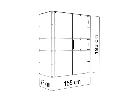Afbeelding van een kast met afmetingen van 193 cm hoog, 155 cm breed en 75 cm diep.
