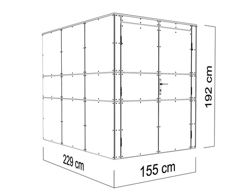 Afbeelding van een tuinhuis met de afmetingen 229 cm breed, 155 cm diep en 192 cm hoog.