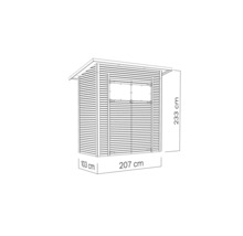 Tekening van een tuinhuis met de afmetingen 233 bij 207 bij 103 centimeter.