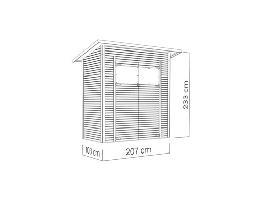 Tekening van een tuinhuis met de afmetingen 233 bij 207 bij 103 centimeter.