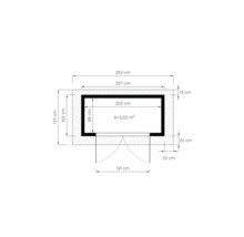 Technische tekening met de afmetingen van een tuinhuis